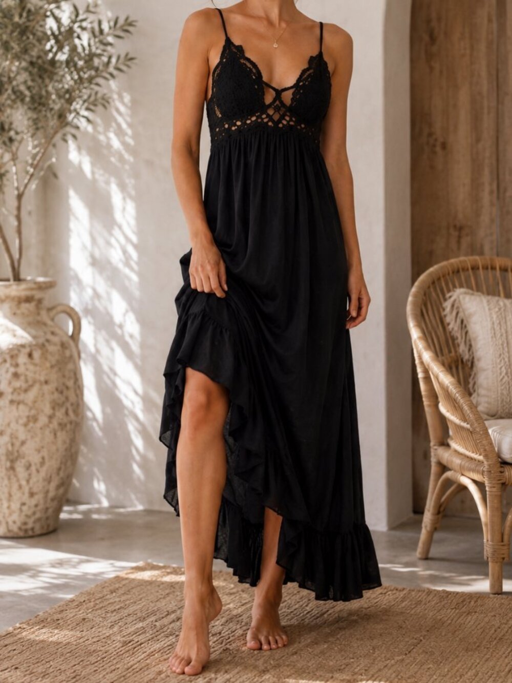 Free People Adella Maxi Slip Dress Black Lace Boho Festival Maxi Size M